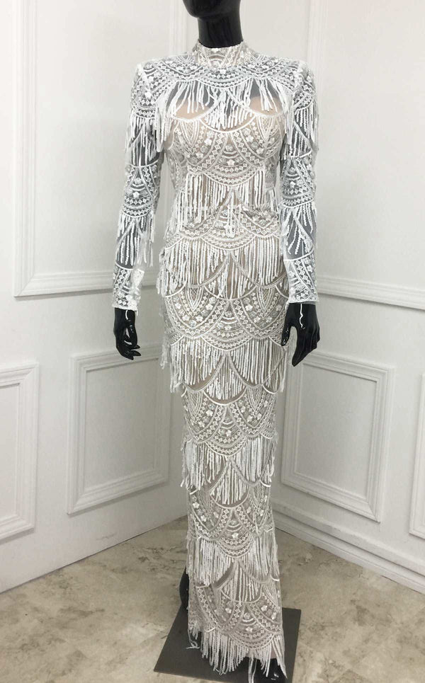 MNM Couture N0293 long-sleeve evening dress with sequin fringe overlay and open back detail. | Couture Shop LA