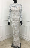 MNM Couture N0293 long-sleeve evening dress with sequin fringe overlay and open back detail. | Couture Shop LA