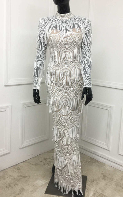MNM Couture N0293 long-sleeve evening dress with sequin fringe overlay and open back detail. | Couture Shop LA