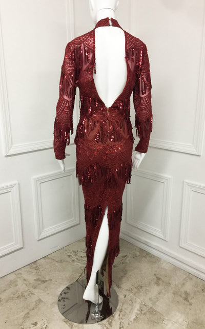MNM Couture N0293 long-sleeve evening dress with sequin fringe overlay and open back detail. | Couture Shop LA