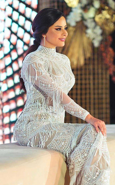 MNM Couture N0293 long-sleeve evening dress with sequin fringe overlay and open back detail. | Couture Shop LA