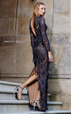 MNM Couture N0293 long-sleeve evening dress with sequin fringe overlay and open back detail. | Couture Shop LA