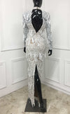 MNM Couture N0293 long-sleeve evening dress with sequin fringe overlay and open back detail. | Couture Shop LA