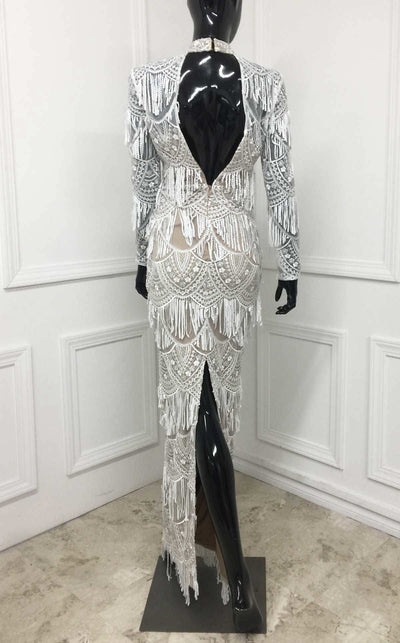 MNM Couture N0293 long-sleeve evening dress with sequin fringe overlay and open back detail. | Couture Shop LA