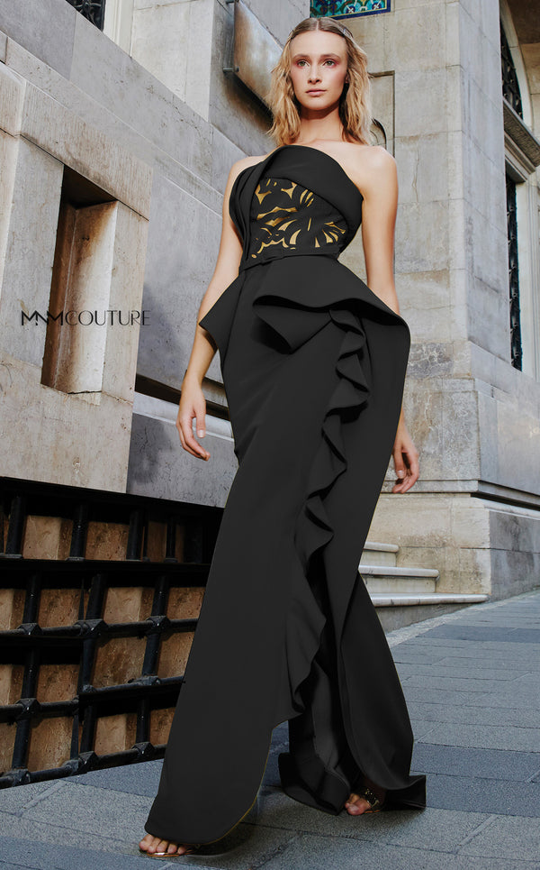 MNM Couture N0297: Fierce Strapless Gown with Floral Overlay MNM Couture N0297: Fierce Strapless Gown with Floral Overlay