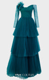 MNM Couture N0342 off-shoulder tiered gown with ruched bodice and large floral embellishments. | Couture Shop LA