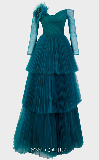 MNM Couture N0342 off-shoulder tiered gown with ruched bodice and large floral embellishments. | Couture Shop LA