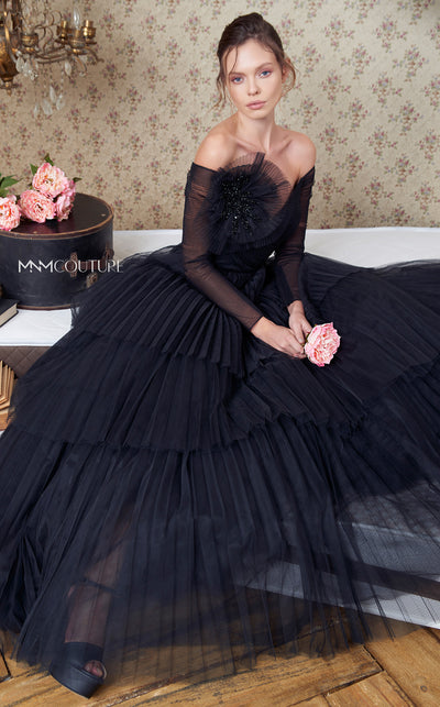 MNM Couture N0342 off-shoulder tiered gown with ruched bodice and large floral embellishments. | Couture Shop LA