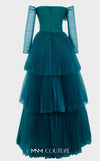 MNM Couture N0342 off-shoulder tiered gown with ruched bodice and large floral embellishments. | Couture Shop LA