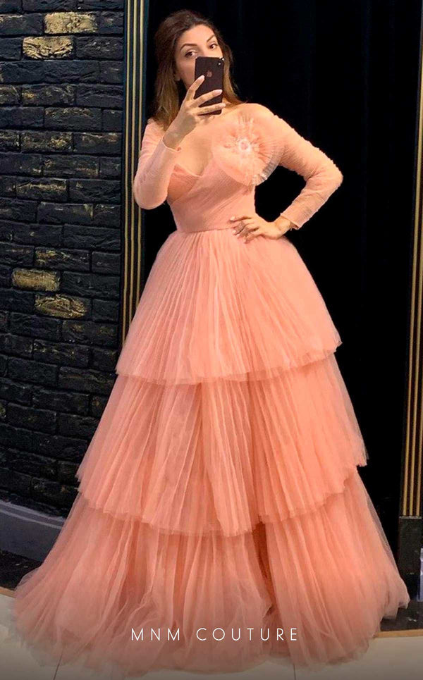 MNM Couture N0342 off-shoulder tiered gown with ruched bodice and large floral embellishments. | Couture Shop LA