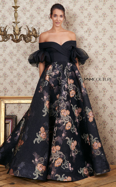 MNM Couture N0354 off-shoulder gown with embroidered floral skirt and ruffled sheer sleeves. | Couture Shop LA