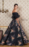 MNM Couture N0354 off-shoulder gown with embroidered floral skirt and ruffled sheer sleeves. | Couture Shop LA