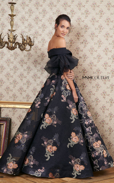 MNM Couture N0354 off-shoulder gown with embroidered floral skirt and ruffled sheer sleeves. | Couture Shop LA
