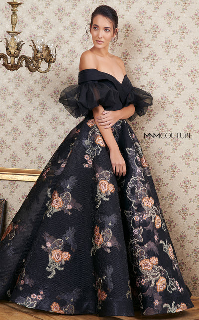 MNM Couture N0354 off-shoulder gown with embroidered floral skirt and ruffled sheer sleeves. | Couture Shop LA