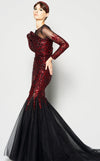 MNM Couture N0362 mermaid gown with sheer sequined bodice and tulle skirt.