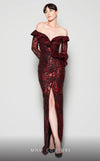 MNM Couture N0363 off-shoulder sheath gown with ruffles, embellishments, and sheer sleeves. | Couture Shop LA