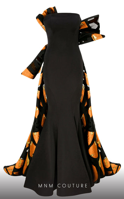 MNM Couture N0395 strapless trumpet gown with pleated back and fitted bodice. | Couture Shop LA