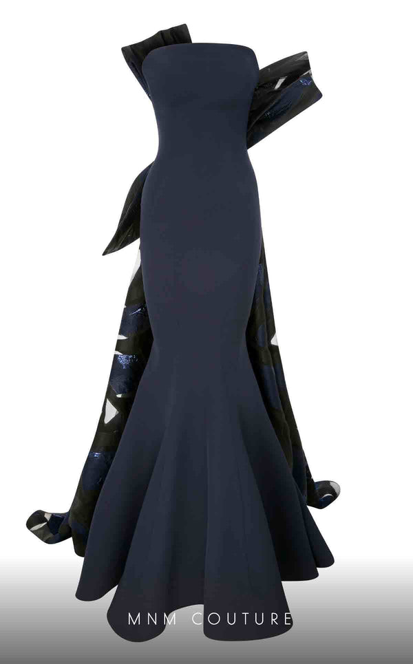 MNM Couture N0395 strapless trumpet gown with pleated back and fitted bodice. | Couture Shop LA