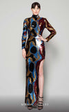 MNM Couture N0409 sheath gown with multicolor sequins, high slit, and open back.