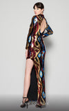 MNM Couture N0409 sheath gown with multicolor sequins, high slit, and open back. | Couture Shop LA