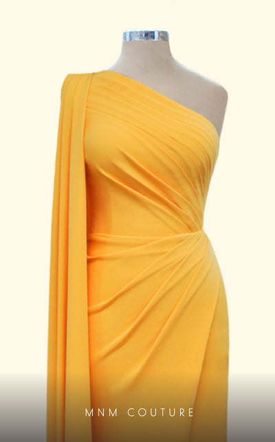 MNM Couture N0416 white and green column gown with pleated neckline and dramatic robe | Couture Shop LA