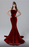 MNM Couture N0450 strapless velvet mermaid gown with a folded bodice and court train.