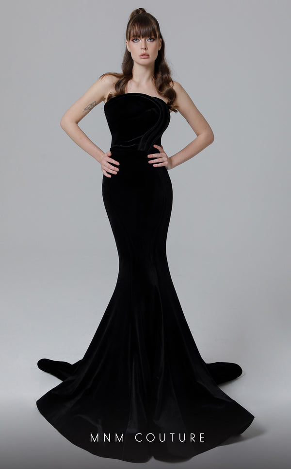 MNM Couture N0450 strapless velvet mermaid gown with a folded bodice and court train. | Couture Shop LA