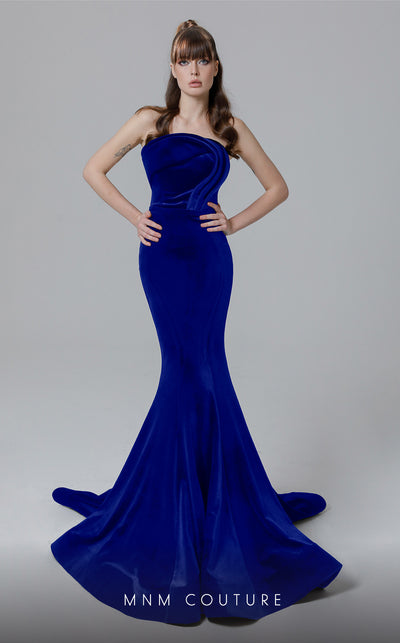 MNM Couture N0450 strapless velvet mermaid gown with a folded bodice and court train. | Couture Shop LA