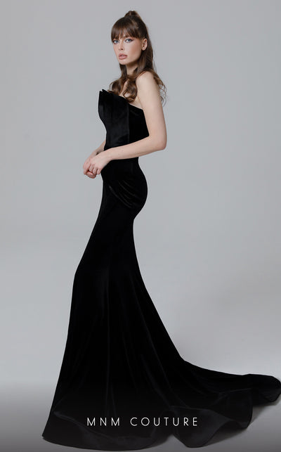 MNM Couture N0450 strapless velvet mermaid gown with a folded bodice and court train. | Couture Shop LA