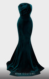 MNM Couture N0450 strapless velvet mermaid gown with a folded bodice and court train. | Couture Shop LA