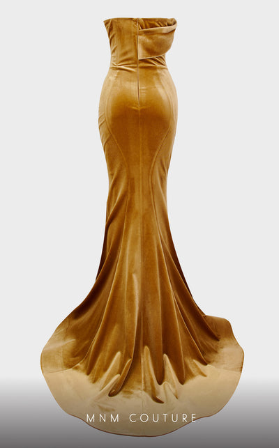 MNM Couture N0450 strapless velvet mermaid gown with a folded bodice and court train. | Couture Shop LA