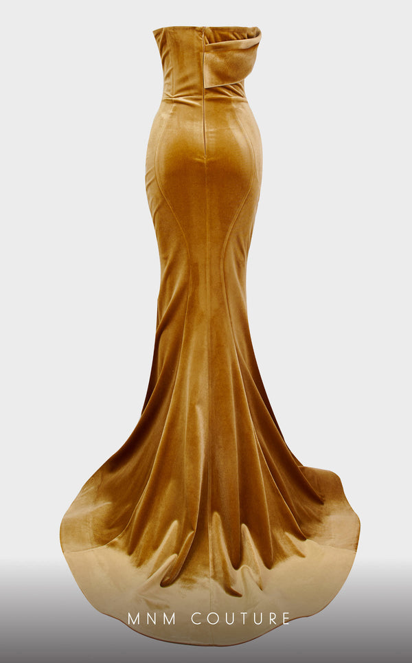 MNM Couture N0450 strapless velvet mermaid gown with a folded bodice and court train. | Couture Shop LA