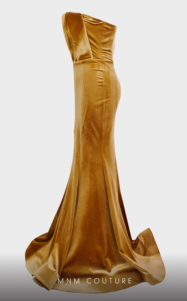 MNM Couture N0450 strapless velvet mermaid gown with a folded bodice and court train. | Couture Shop LA