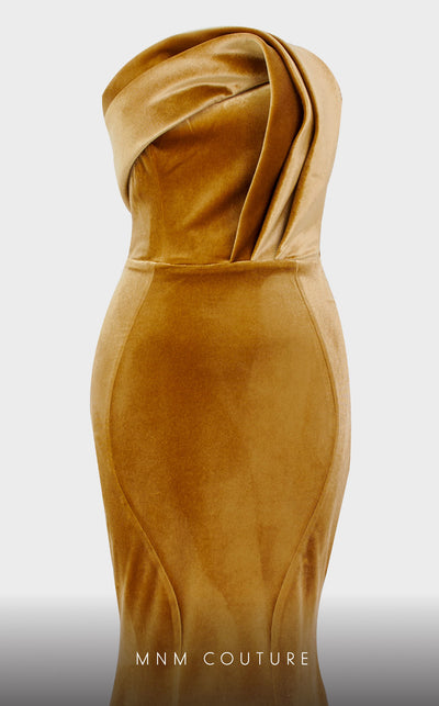 MNM Couture N0450 strapless velvet mermaid gown with a folded bodice and court train. | Couture Shop LA