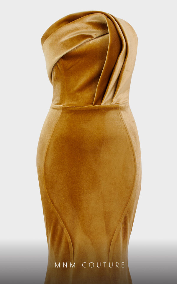 MNM Couture N0450 strapless velvet mermaid gown with a folded bodice and court train. | Couture Shop LA