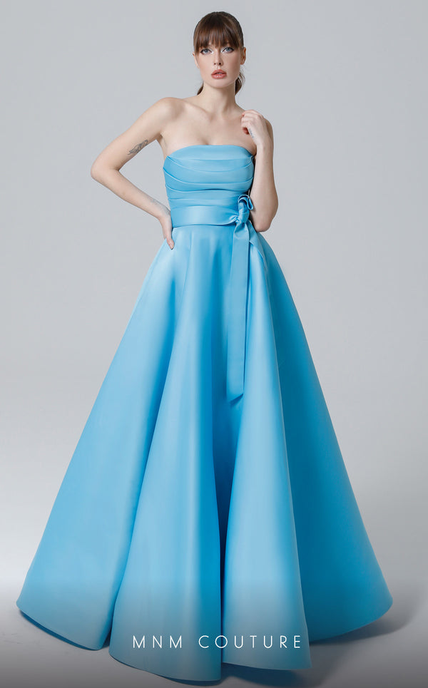 MNM Couture N0452 purple and indigo A-line gown with ribbon waistband and elegant bodice | Couture Shop LA