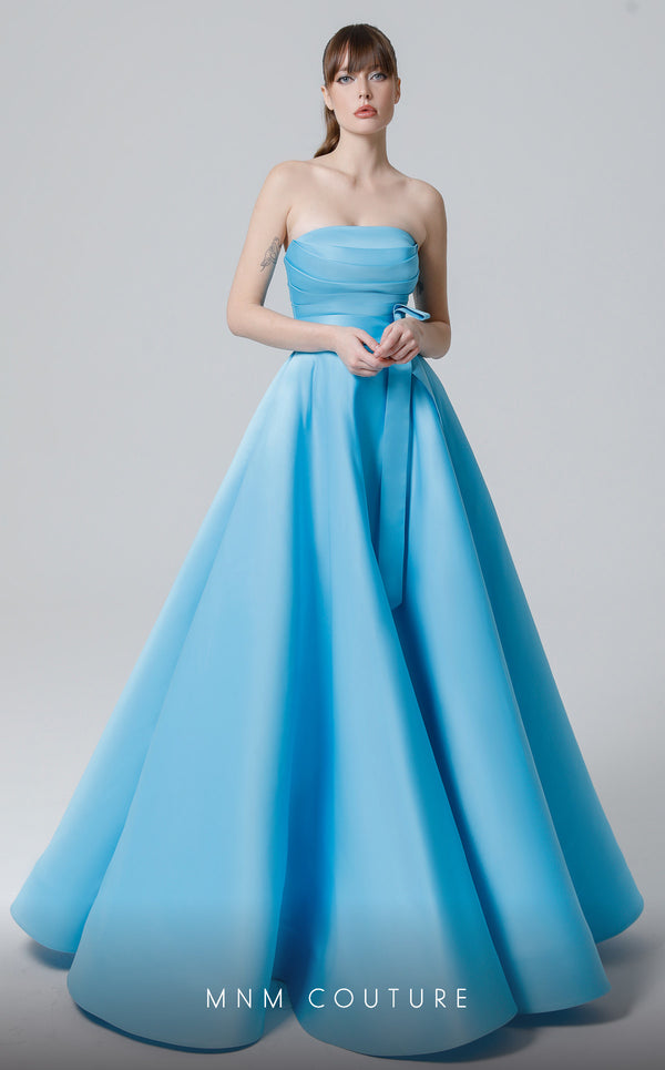 MNM Couture N0452 purple and indigo A-line gown with ribbon waistband and elegant bodice | Couture Shop LA