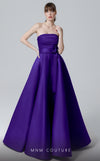 MNM Couture N0452 purple and indigo A-line gown with ribbon waistband and elegant bodice | Couture Shop LA