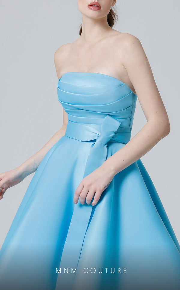 MNM Couture N0452 purple and indigo A-line gown with ribbon waistband and elegant bodice | Couture Shop LA