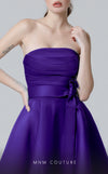 MNM Couture N0452 purple and indigo A-line gown with ribbon waistband and elegant bodice | Couture Shop LA