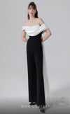 MNM Couture N0456A off-shoulder jumpsuit with cascading sash and straight pants. | Couture Shop LA