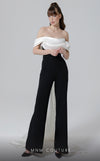 MNM Couture N0456A off-shoulder jumpsuit with cascading sash and straight pants. | Couture Shop LA