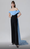 MNM Couture N0456A off-shoulder jumpsuit with cascading sash and straight pants. | Couture Shop LA