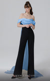 MNM Couture N0456A off-shoulder jumpsuit with cascading sash and straight pants. | Couture Shop LA