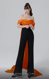 MNM Couture N0456A off-shoulder jumpsuit with cascading sash and straight pants. | Couture Shop LA