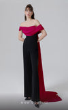 MNM Couture N0456A off-shoulder jumpsuit with cascading sash and straight pants. | Couture Shop LA