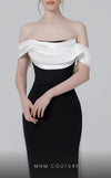 MNM Couture N0456 sheath gown with off-shoulder straps and cascading sash. | Couture Shop LA