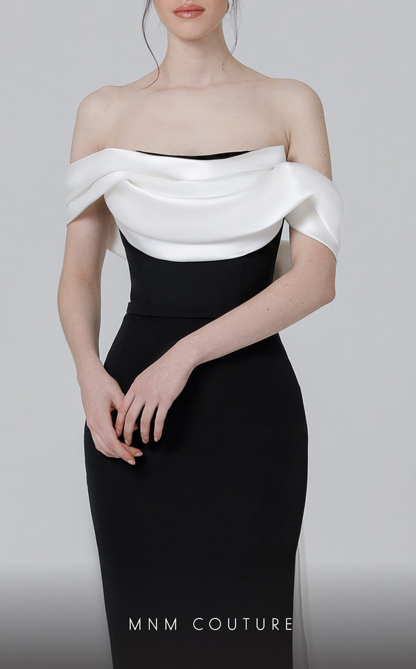 MNM Couture N0456 sheath gown with off-shoulder straps and cascading sash. | Couture Shop LA