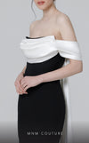 MNM Couture N0456 sheath gown with off-shoulder straps and cascading sash. | Couture Shop LA