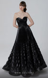 MNM Couture N0462 strapless A-line gown with a sweetheart neckline and pleated accents.